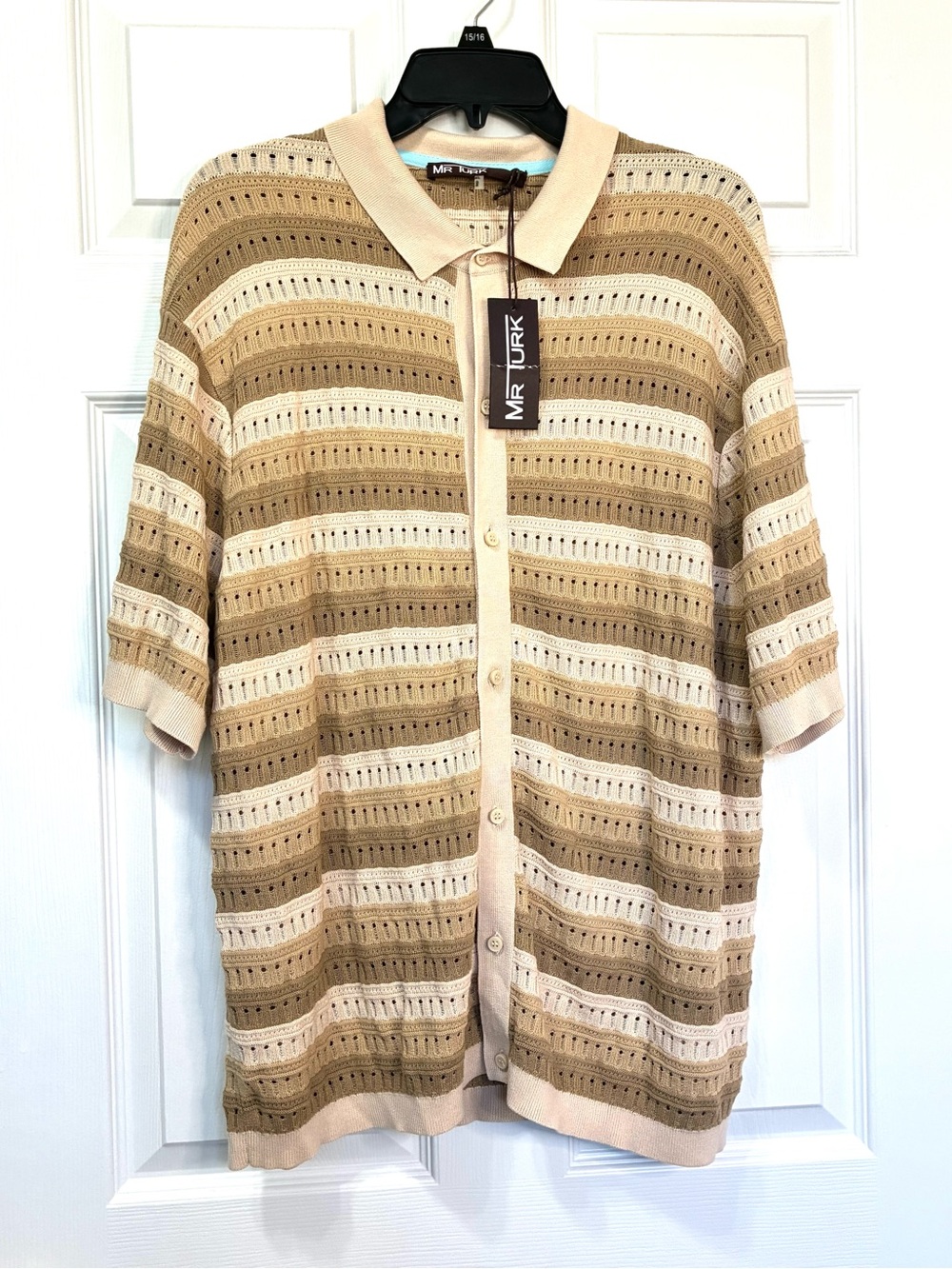 Mr Turk Logan Short Sleeve Polo Sweater Mens XL Button Up Brown Cream Stripe